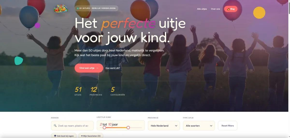 Homepage van Kids-uitjes.nl met zoekfilters voor leeftijd, provincie en type uitje