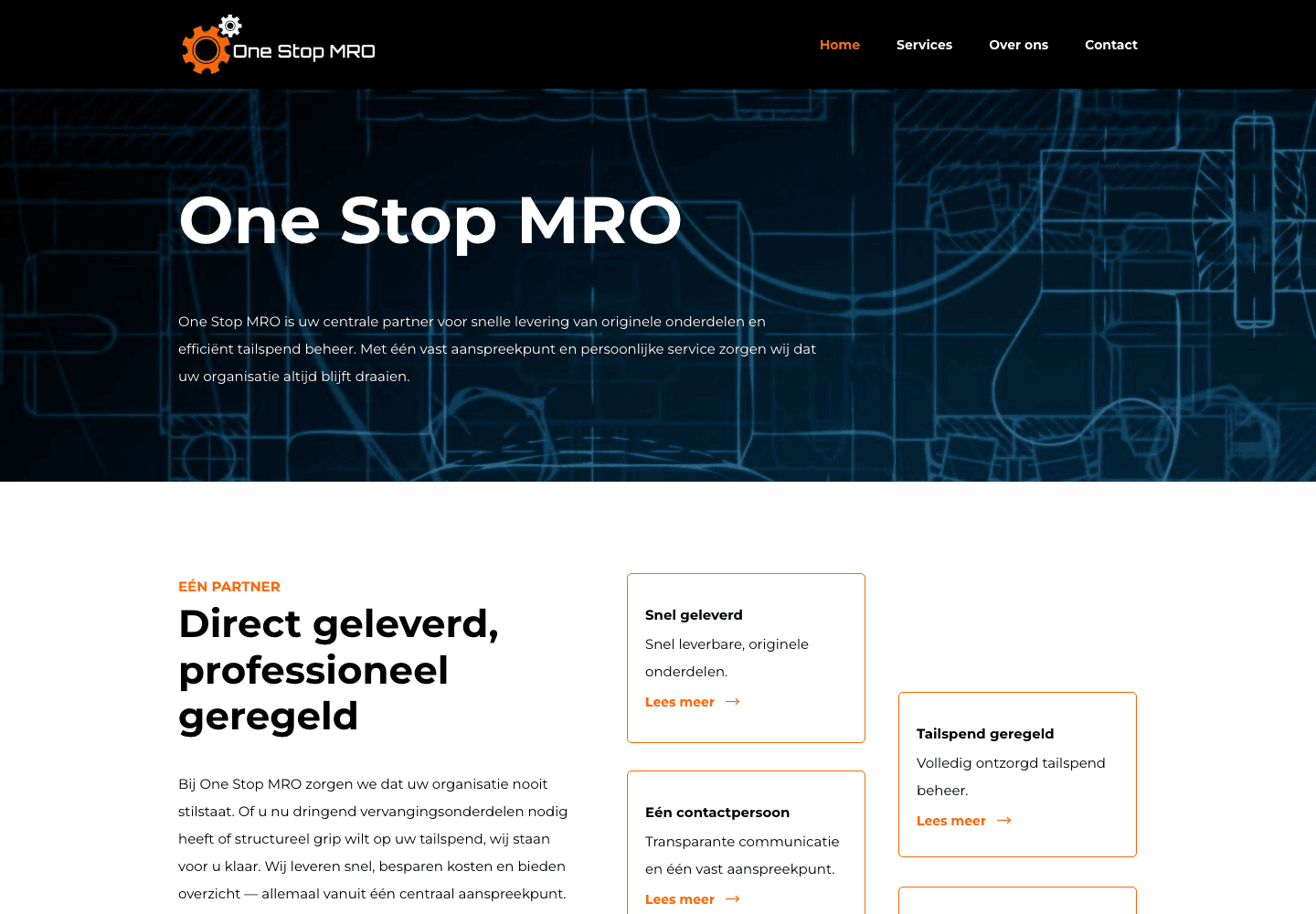 Homepage van One Stop MRO met de hero en de servicetegels